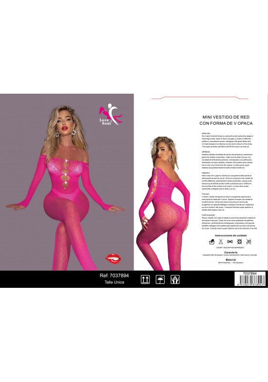 Mini vestido bodystocking de red rosa fucsia con manga larga, talla única