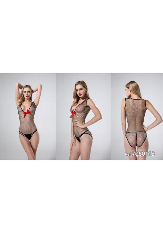 Body de red negro sin mangas con lazo rojo visto de frente y espalda