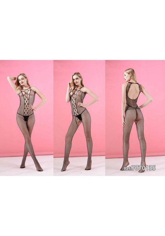 Bodystocking negro de red con detalle calado en el pecho y espalda abierta, vista frontal y trasera