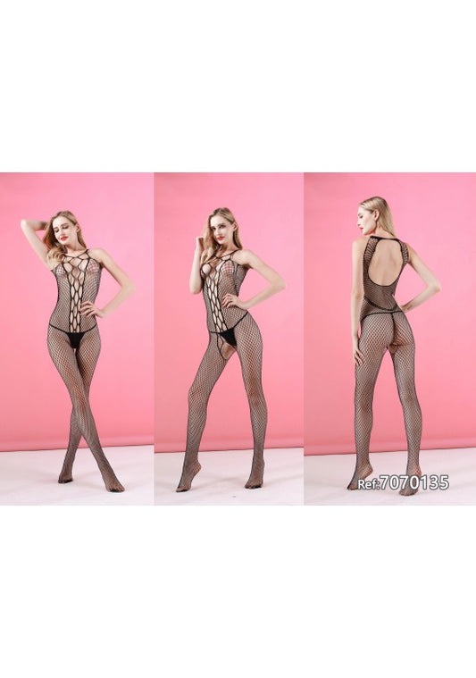 Bodystocking negro de red con detalle calado en el pecho y espalda abierta, vista frontal y trasera