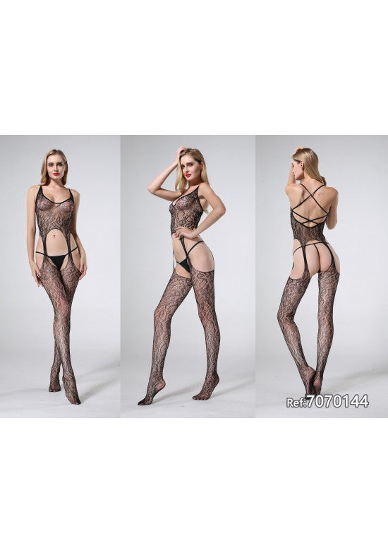 Bodystocking negro de encaje floral con liguero integrado y tirantes cruzados en la espalda