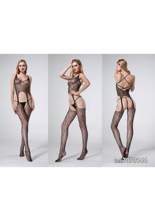 Bodystocking negro de encaje floral con liguero integrado y tirantes cruzados en la espalda