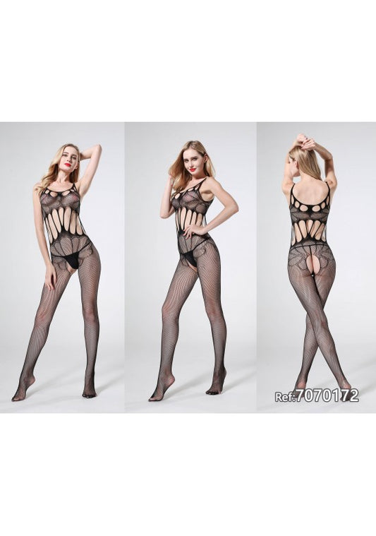 Bodystocking negro de red con diseño floral calado y tirantes finos