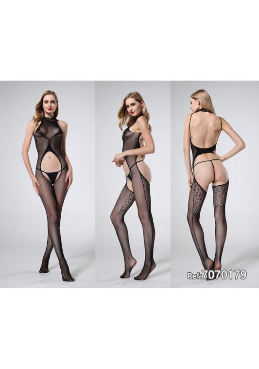 Bodystocking negro con liguero integrado y medias de encaje floral
