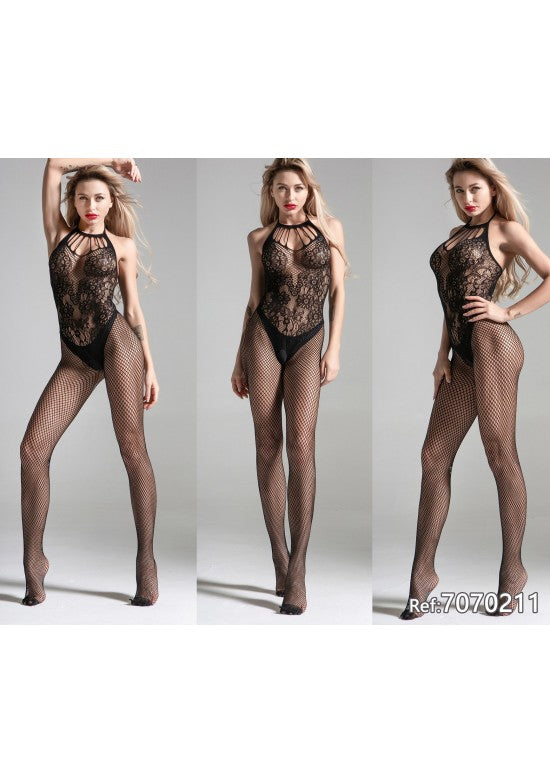 Bodystocking negro de rejilla con cuerpo en encaje floral y cuello halter