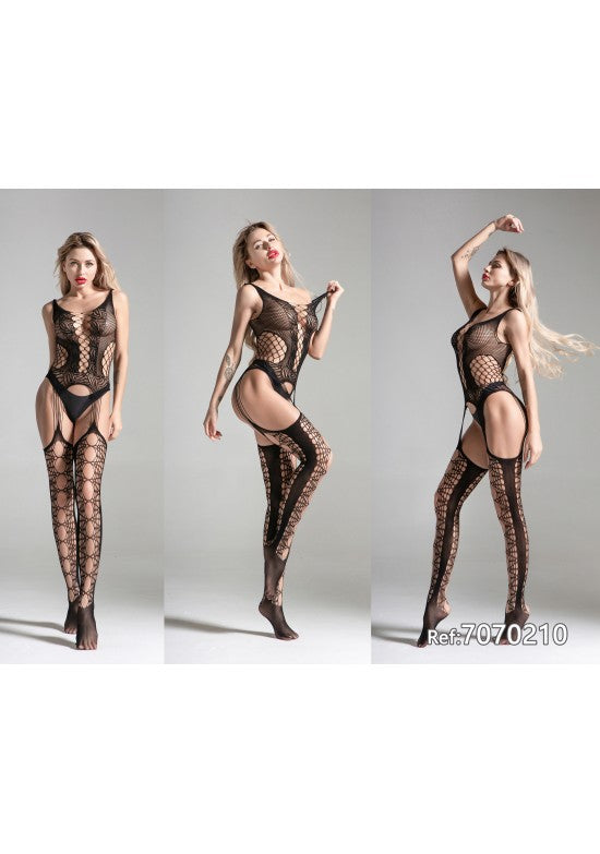 Bodystocking negro con efecto liguero integrado, rejilla y encaje decorativo