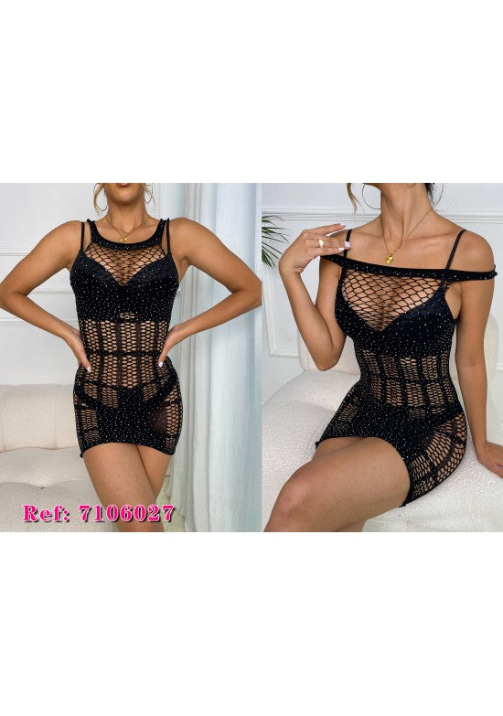 Vestido lencería corto negro de red con strass y tirantes finos dobles