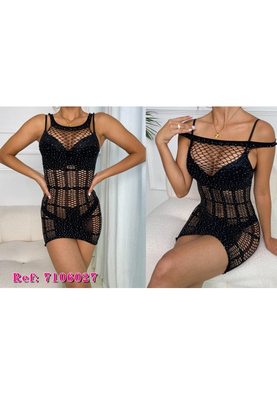 Minivestido negro de red con strass y tirantes dobles