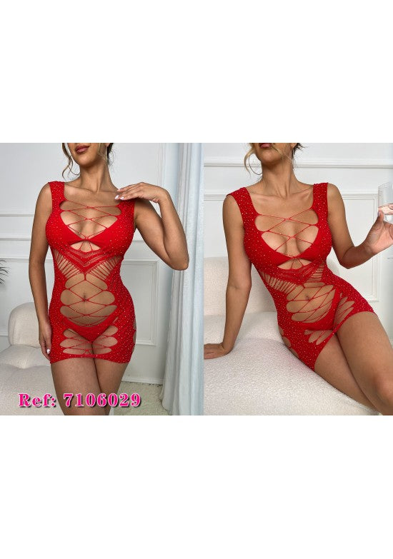 Body minivestido de red rojo con strass y escote cruzado con cordones