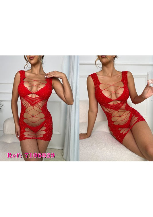 Body minivestido de red rojo con strass y escote cruzado con cordones
