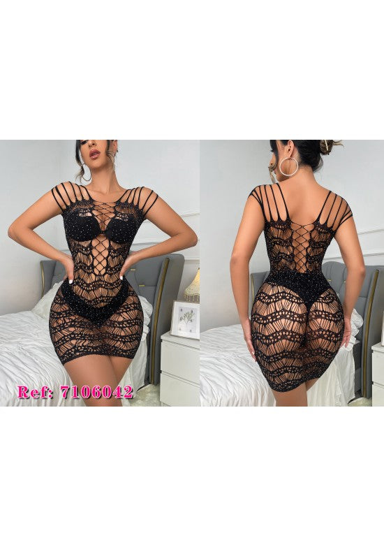 Vestido lencería corto negro de red crochet con strass y tirantes múltiples