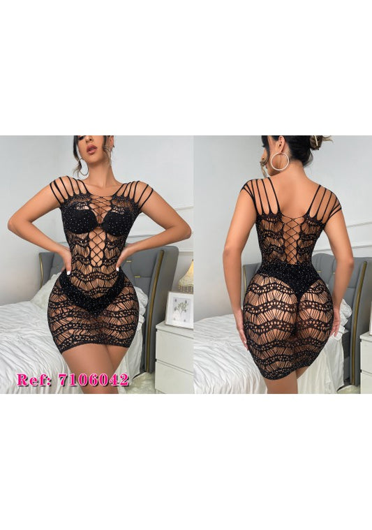 Vestido lencería corto negro de red crochet con strass y tirantes múltiples