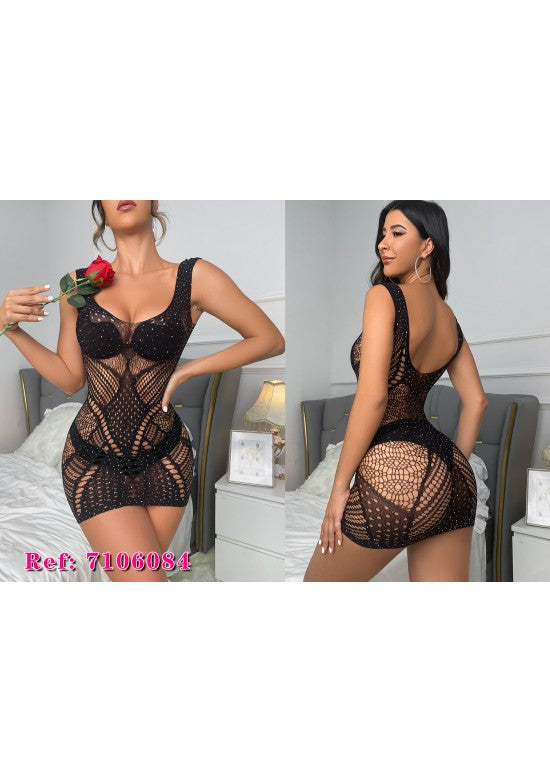 Minivestido de red negra con strass, escote pronunciado y espalda abierta