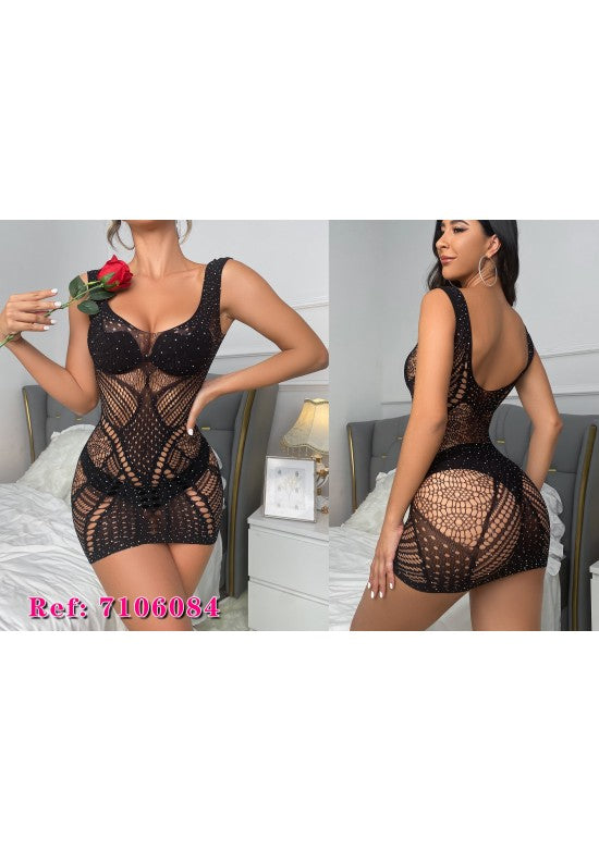 Minivestido bodystocking negro calado con detalles de strass y espalda abierta