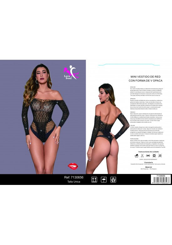 Body de red negro con un hombro descubierto, brillos y paneles de rejilla, vista frontal y trasera