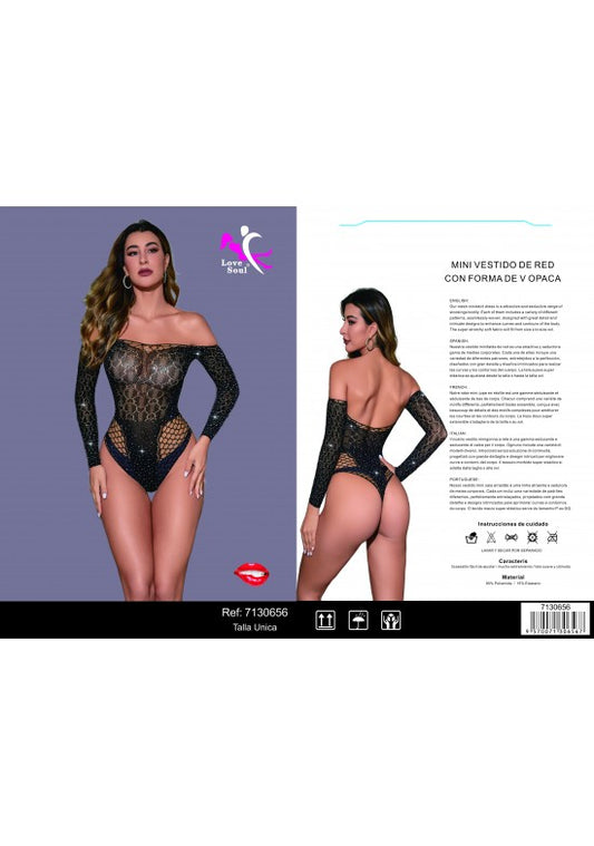 Body de red negro con un hombro descubierto, brillos y paneles de rejilla, vista frontal y trasera
