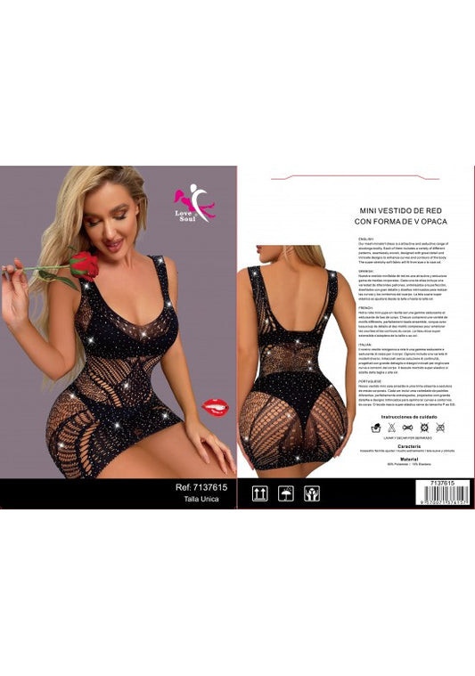 Body mini vestido de red negro con diseño geométrico y strass brillantes, talla única