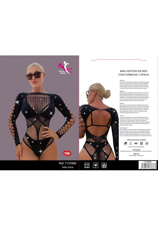 Mini vestido de red negro con strass, rejilla de rombos y espalda descubierta, talla única