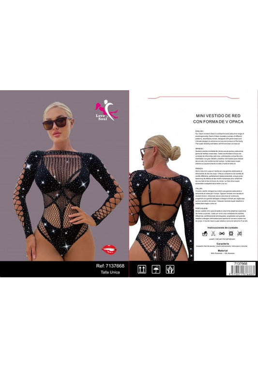 Mini vestido de red negro con strass, rejilla de rombos y espalda descubierta, talla única