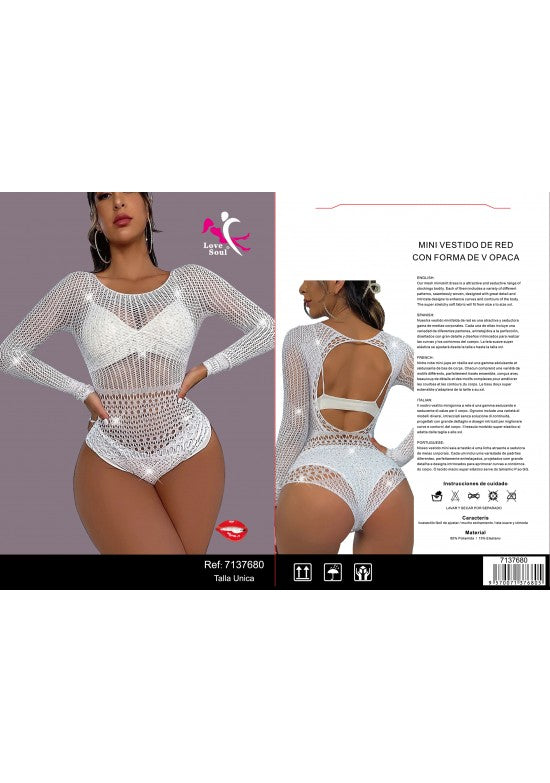 Mini vestido de red blanco con strass y escote en V, manga larga, talla única