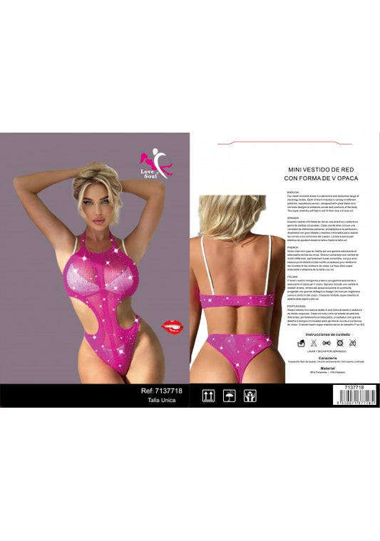 Body de red fucsia con escote en V, aberturas laterales y detalles brillantes