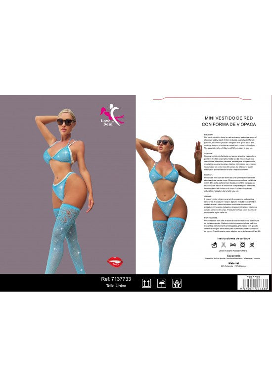 Conjunto de lencería de red azul turquesa con sujetador triangular, tanga y medias altas