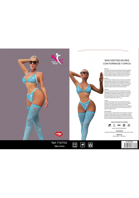 Conjunto de lencería de red azul turquesa con sujetador triangular, tanga y medias altas