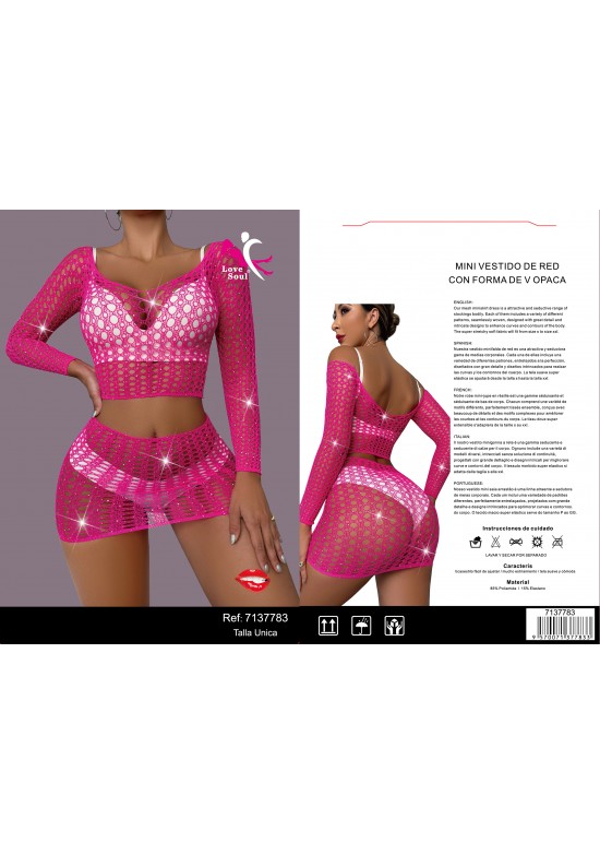 Conjunto de red fucsia con top de mangas largas y minifalda, talla única