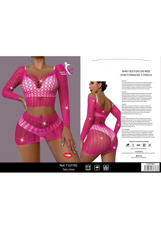 Conjunto de red fucsia con top de mangas largas y minifalda, talla única