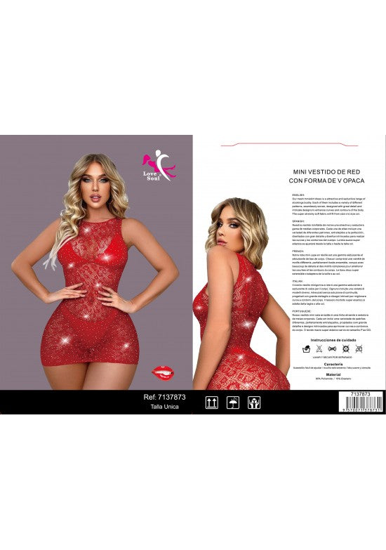 Mini vestido de red rojo con brillos y sin mangas