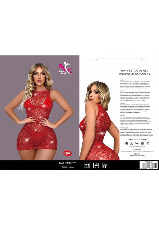 Mini vestido de red rojo con brillos y sin mangas