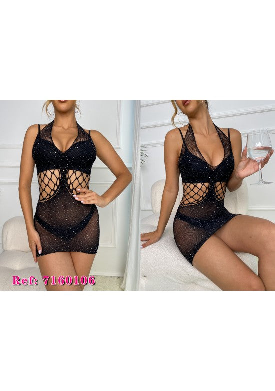 Vestido mini negro halter con malla, strass y paneles de red
