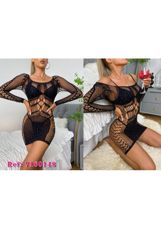 Vestido mini negro de red geométrica con strass de lencería