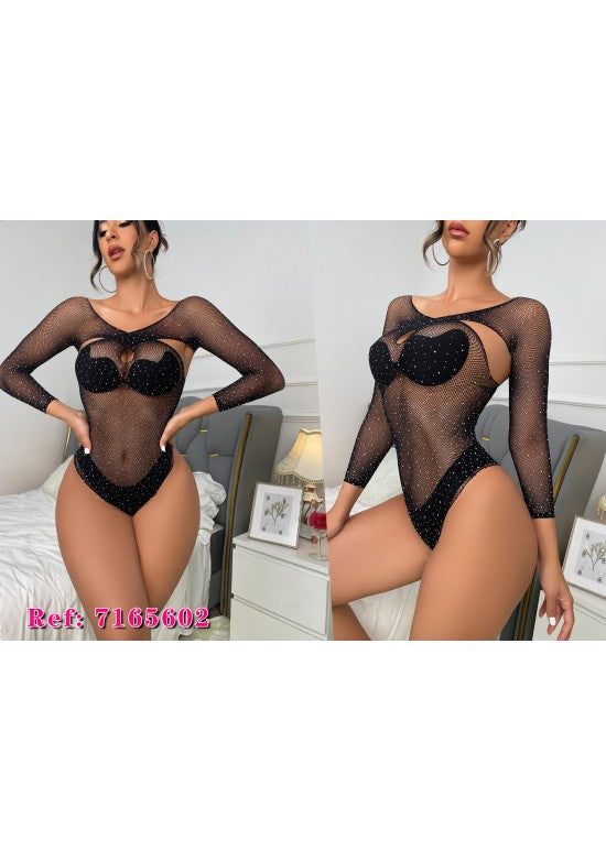 Body negro de red con strass y copa corazón de manga larga