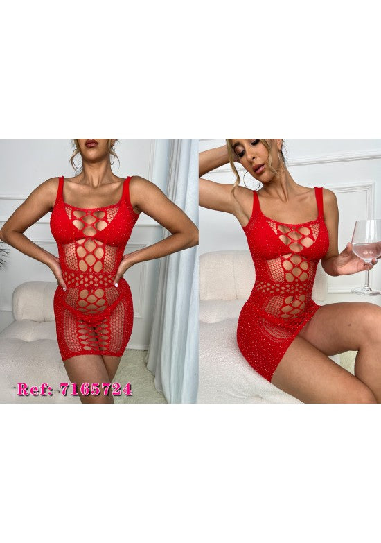 Vestido corto de lencería rojo con red, aberturas y pedrería