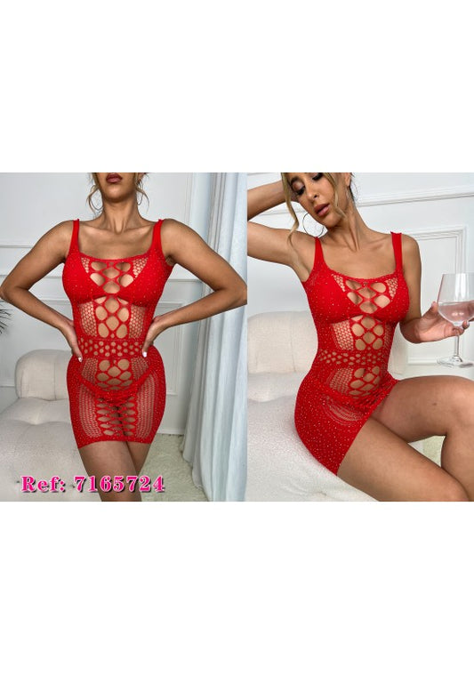 Vestido corto de lencería rojo con red, aberturas y pedrería