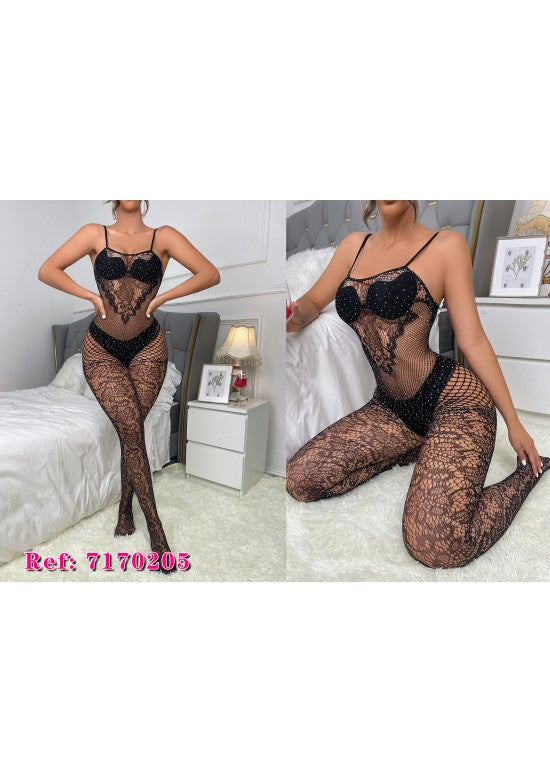 Bodystocking negro de cuerpo entero con encaje floral y pedrería
