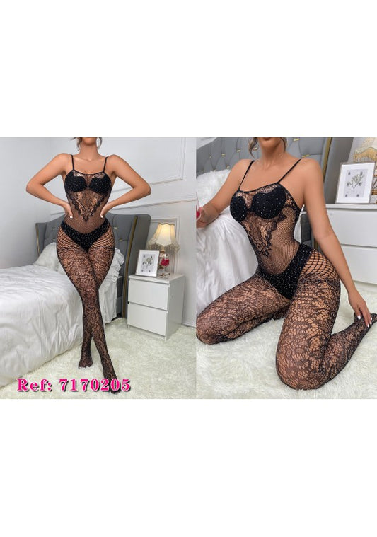 Bodystocking negro de cuerpo entero con encaje floral y pedrería