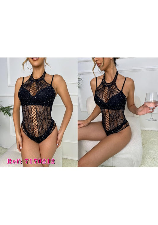 Body lencería negro halter con encaje floral, red y detalles strass
