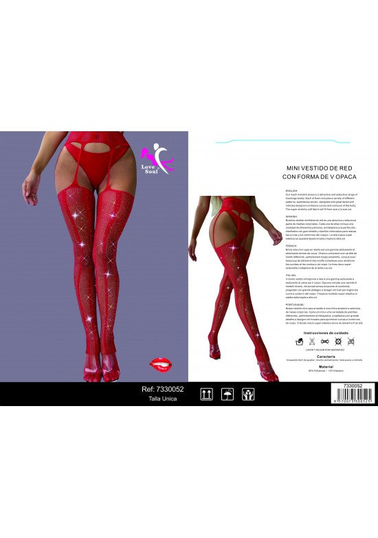 Medias de red rojas con brillantes y liguero integrado talla única