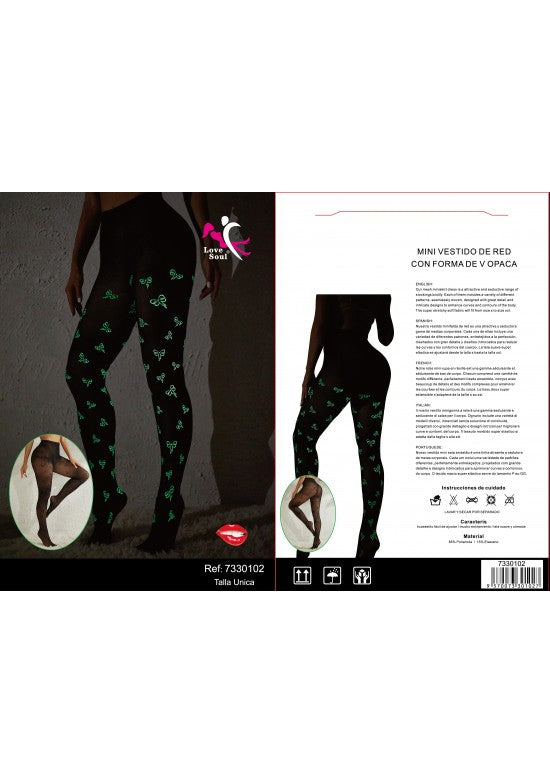 Medias largas de red negras con motivos fluorescentes verdes brillando en la oscuridad