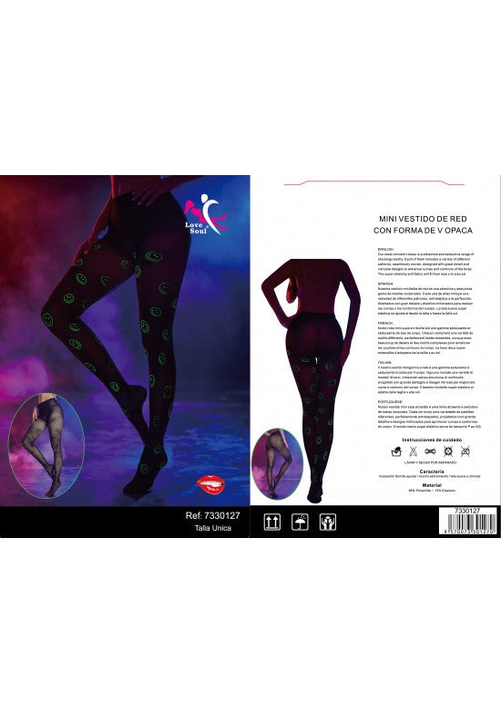 Medias de red negra con estampado de smileys fluorescentes verdes