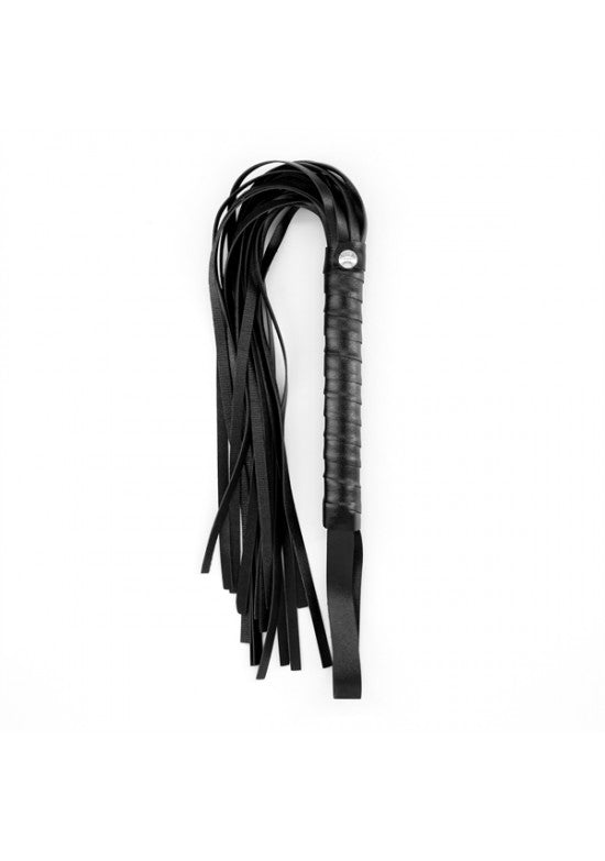 Flogger BDSM negro con tiras y mango acolchado en espiral