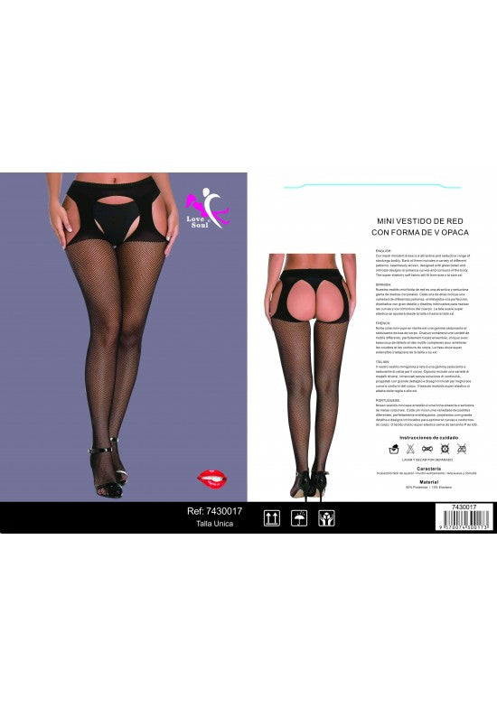 Mini vestido de red negra con abertura trasera en V para mujer