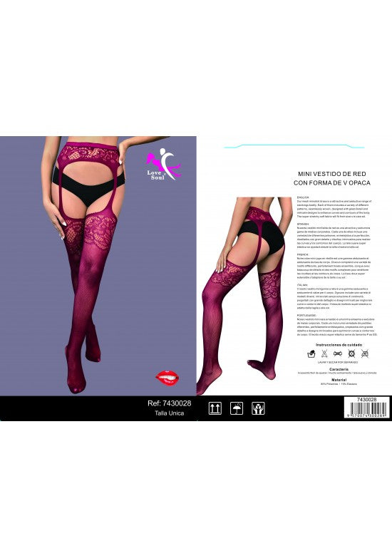 Medias de red fucsia con encaje superior y liguero integrado talla única