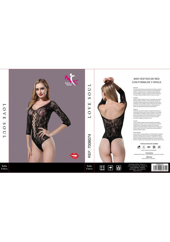 Body negro de red floral con escote en V y espalda descubierta