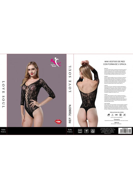 Body negro de red floral con escote en V y espalda descubierta