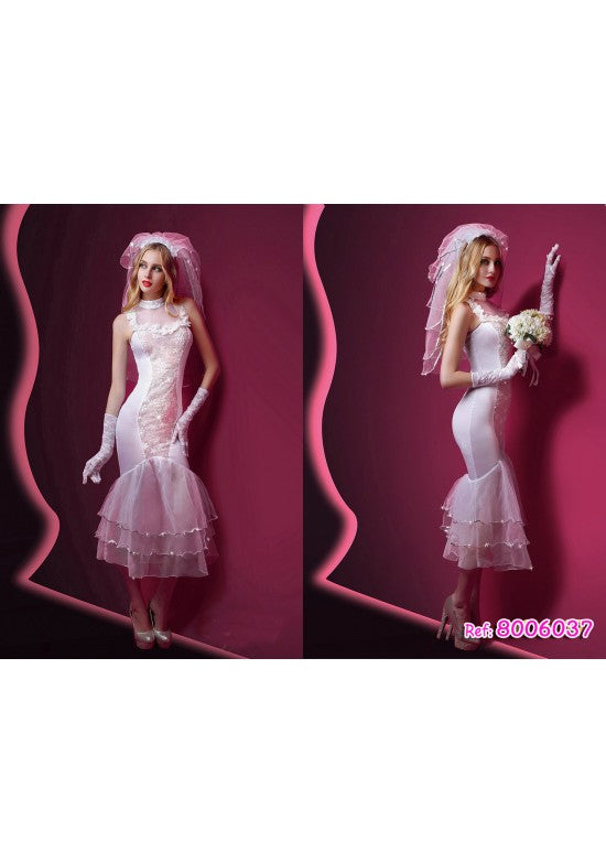 Disfraz de novia rosa corte sirena con velo y guantes largos blancos
