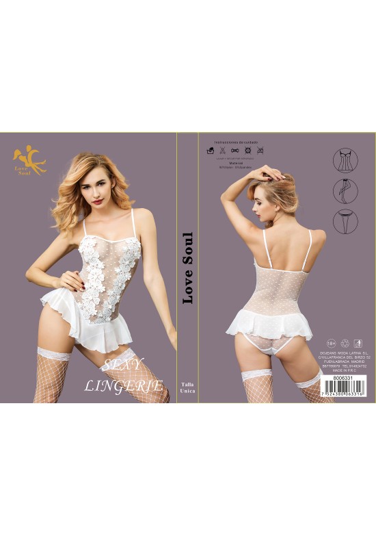 Body babydoll blanco con aplicaciones florales en relieve y minifalda volante, talla única