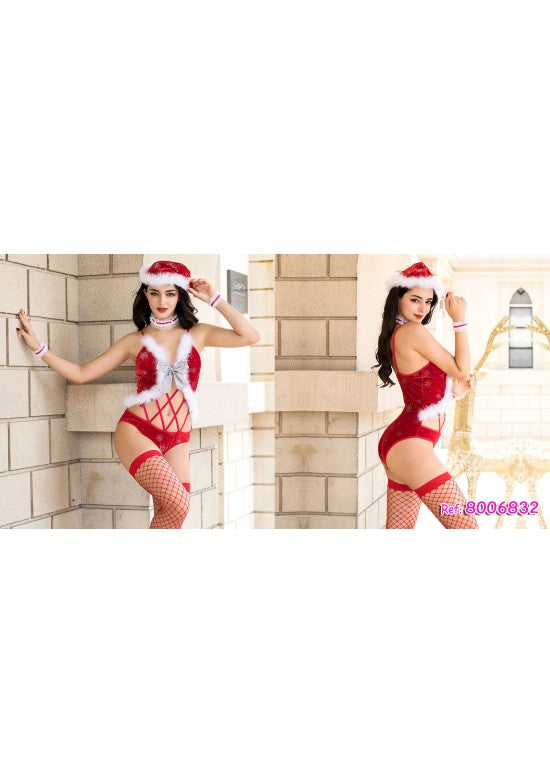 Disfraz de Mamá Noel mujer con body rojo de terciopelo, gorro y medias de rejilla
